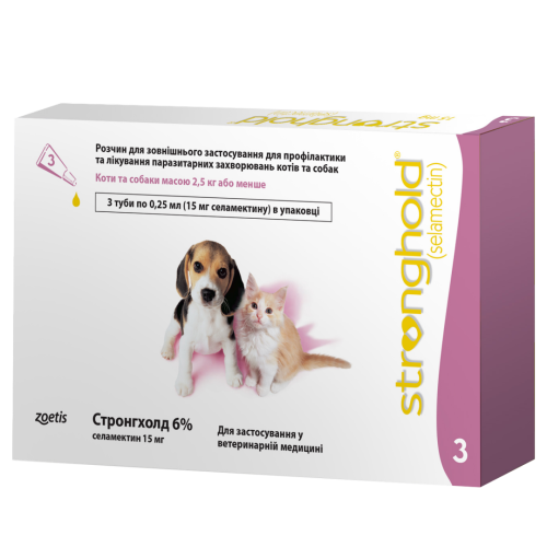 Краплі Стронгхолд 6% для котів та собак до 2.5 кг від зовнішніх та внутрішніх паразитів 0.25 мл - 1 піпетка