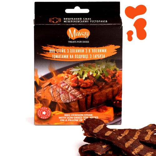 Ласощі Mavsy Charcoal Deer Beef Chip with Potato & Pumpkin BBQ стейк з оленини з в'яленими томатами на подушці з гарбуза - 100 г