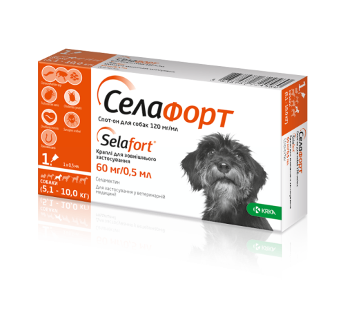Краплі Селафорт Спот Он для собак 5.1-10кг від бліх кліщів та гельмінтів (60мг/0.5мл) - 1 піпетка