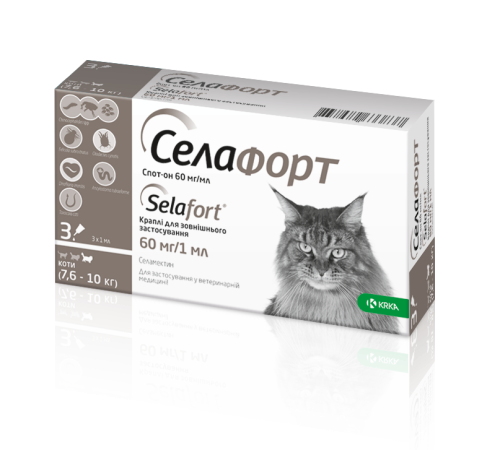 Краплі Селафорт Спот Он для котів 7.6-10 кг від бліх кліщів та гельмінтів (60мг/1мл) - 1 піпетка