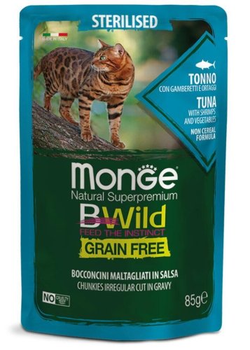 Вологий корм Monge Cat Bwild Grain Free Wet Sterilised дл стерилізованихя котів тунець з креветками та овочами - 85 г