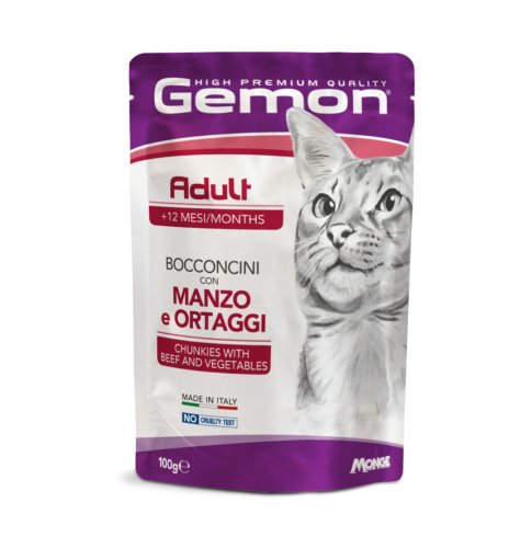 Вологий корм Gemon Cat Adult для котів шматочки з яловичиною та овочами - 100 г