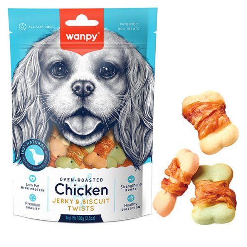 Ласощі Wanpy Dog Chicken Jerky & Biscuit Twists БІСКВІТ З В’ЯЛЕНОЮ КУРКОЮ печиво, для собак - 100 г