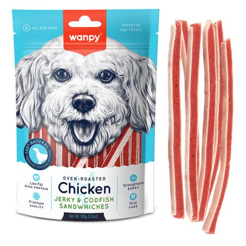 Ласощі Wanpy Dog Chicken Jerky & Codfish Sandwiches СЕНДВІЧ КУРКА З ТРІСКОЮ для собак - 100 г