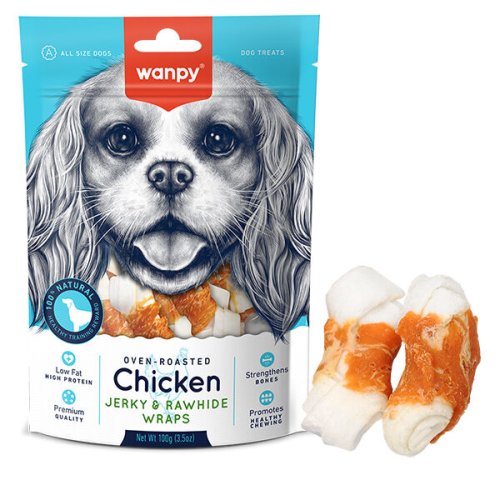 Ласощі Wanpy Dog Chicken Jerky & Rawhide Wraps КІСТКА З В’ЯЛЕНОЮ КУРКОЮ для собак - 100 г