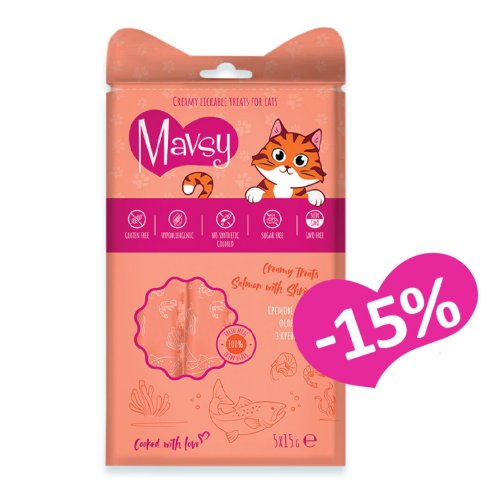 Ласощі Mavsy Creamy Treats Salmon with shrimp Кремові ласощі для котів з лососем та креветками - 5х15г