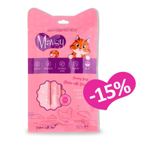 Ласощі Mavsy Creamy Treats Chicken with Salmon Кремові ласощі для котів з куркою та лососем - 5х15г