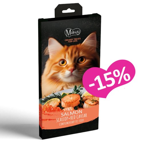 Ласощі Mavsy Creamy Treats Salmon Ласощі Mavsy Філе лосося у поєднанні з соковитимиг.ребінцями та червоною ікрою - 5х15г