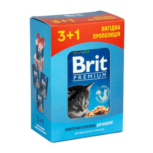 Набір паучів "3+1" для кошенят Brit Premium Cat pouch Chicken Chunks for Kitten з куркою - 4х100 г