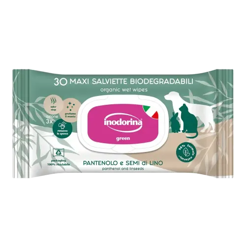 Вологі біорозкладні серветки Indorina Salv Green panthenol and linseeds з пантенолом та олією насіння льону для собак котів та гризунів - 30 шт