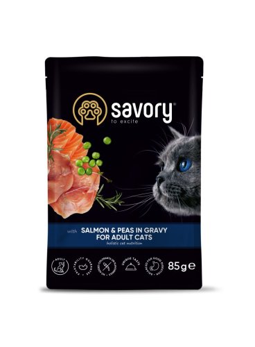 Вологий корм Savory Cat для дорослих котів лосось з горошком у соусі пауч - 85 г